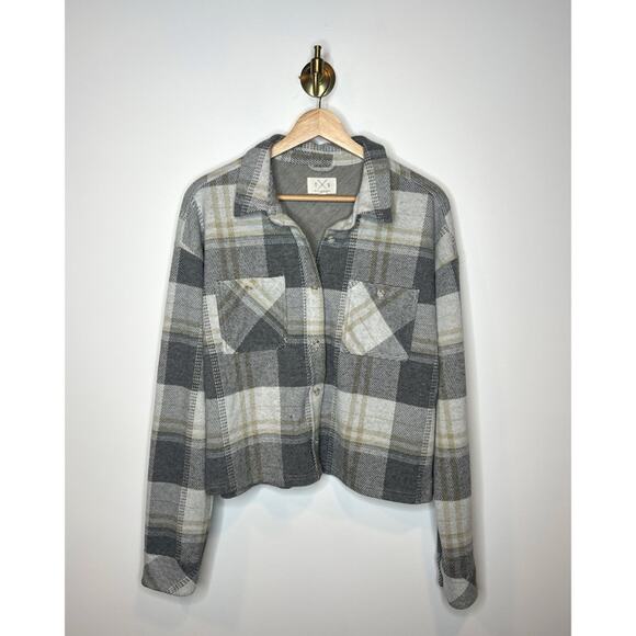 Thread & Supply Grey Plaid Crop Shacket - Picture 1 of 5